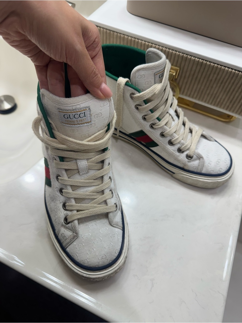 Gucci White High-Top Sneakers with Green and Red Web Stripe